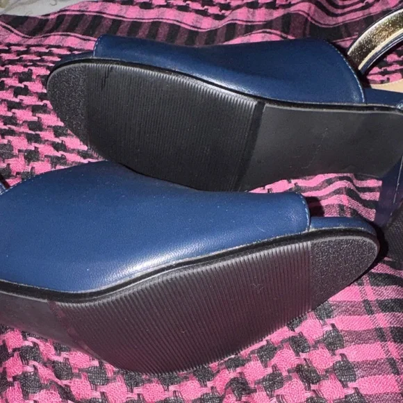 ASHRO Navy Blue Gold Shoes Womens Size 9 Chunky Heels Church Fancy Granny Style - Picture 8 of 13